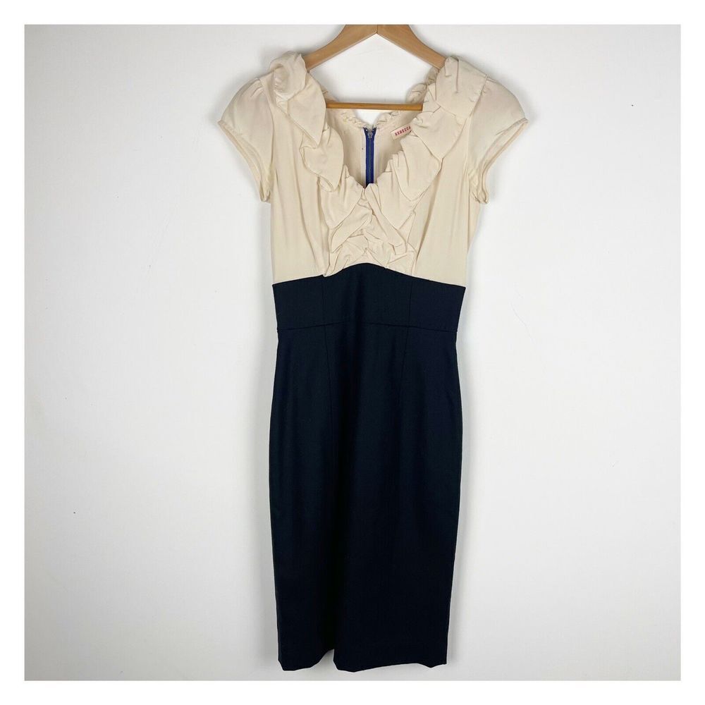 Rebecca Taylor Wool Silk Cream Cap Sleeve V Neck Ruffle Black Linen  She…​